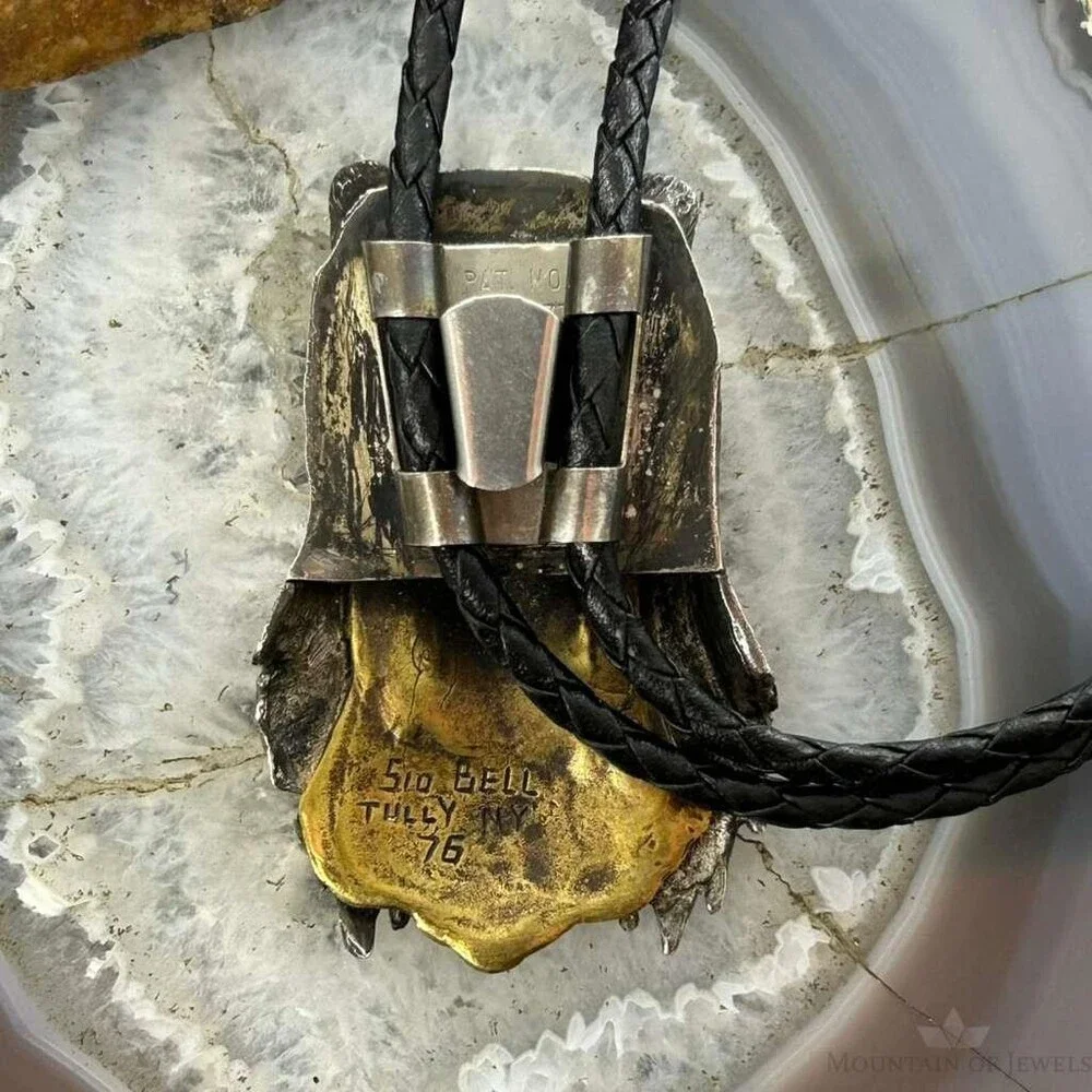 Sid Bell Tully NY Bronze & Puter Man Inside Bear Decorated Bolo Tie For Men